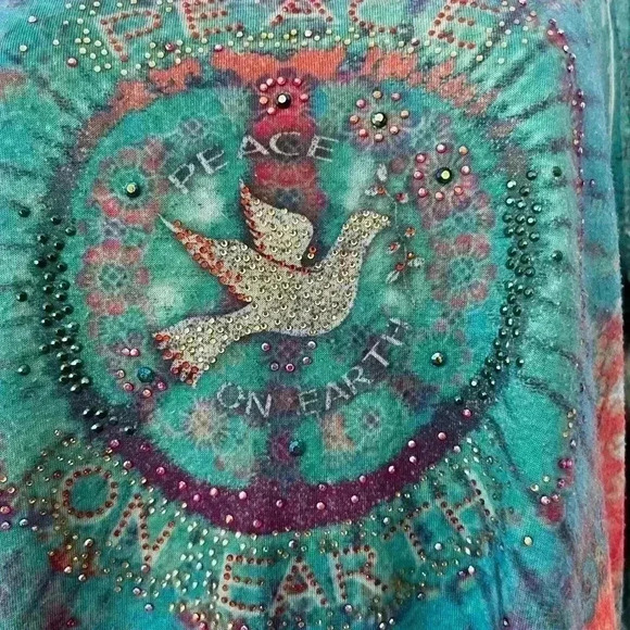 Dress Barn Petite Women's Sz PM Peace On Earth Peacock Teal Long Sleeve Top - Picture 3 of 4